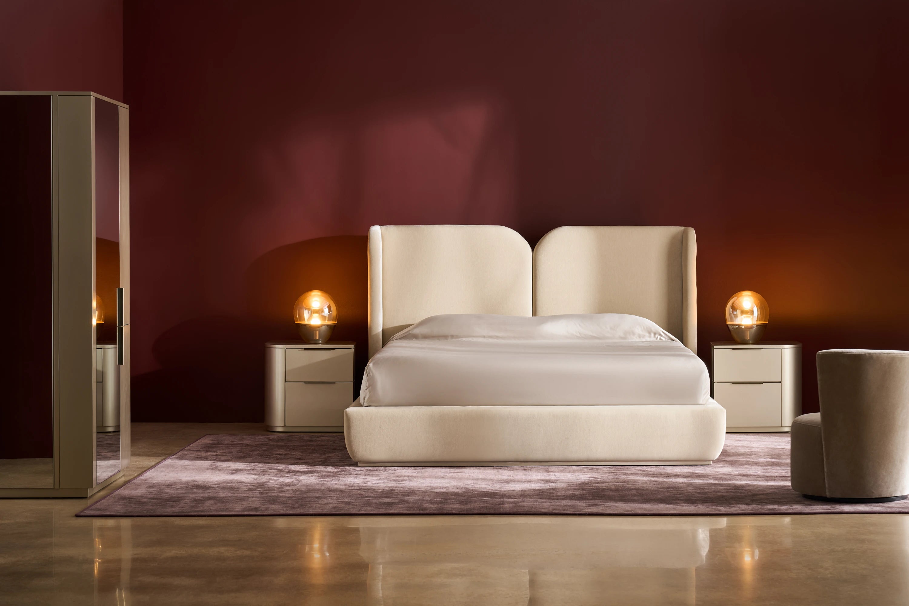 Oblique Queen Bed Fb in room - angle 1