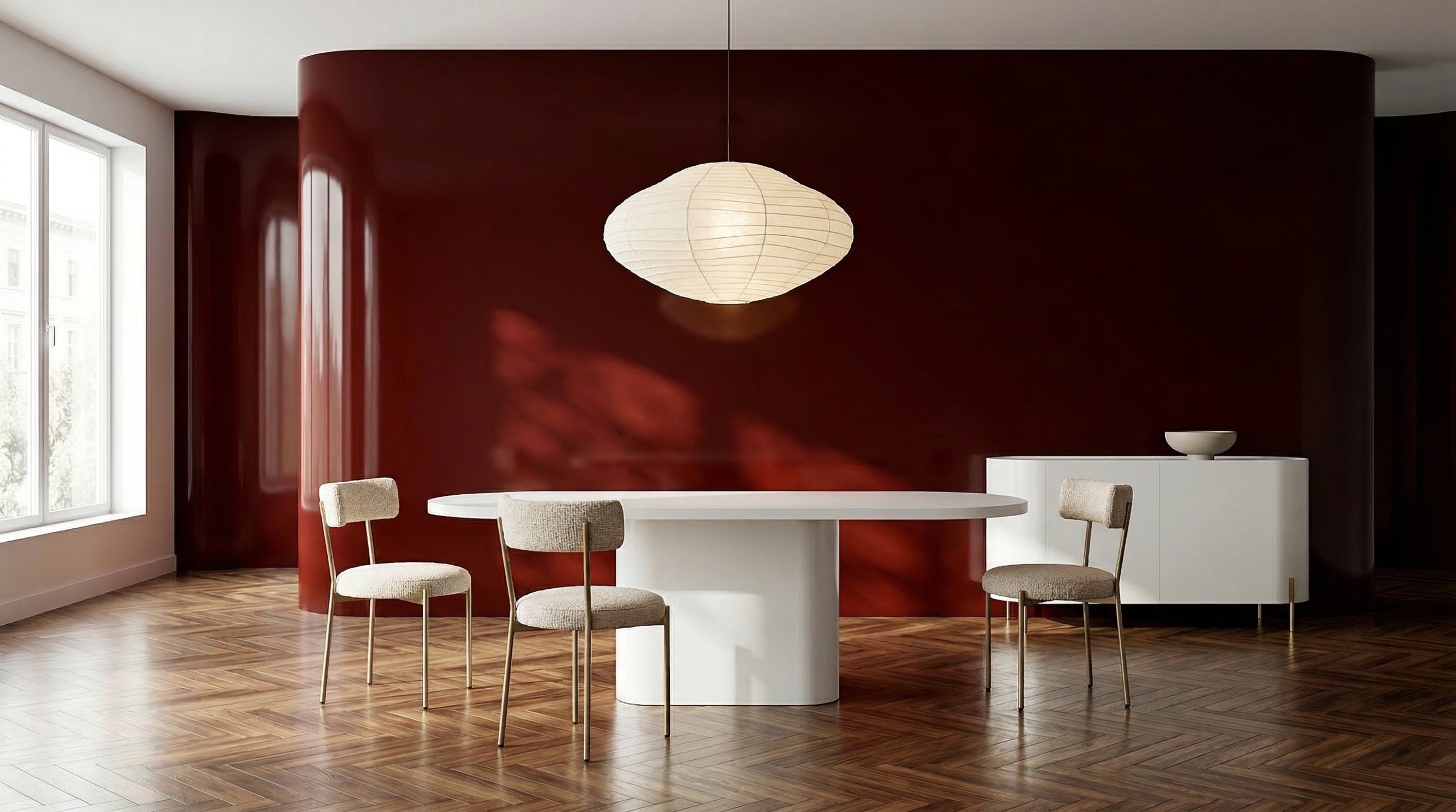 Atom Dining Table - Latte in room - angle 1