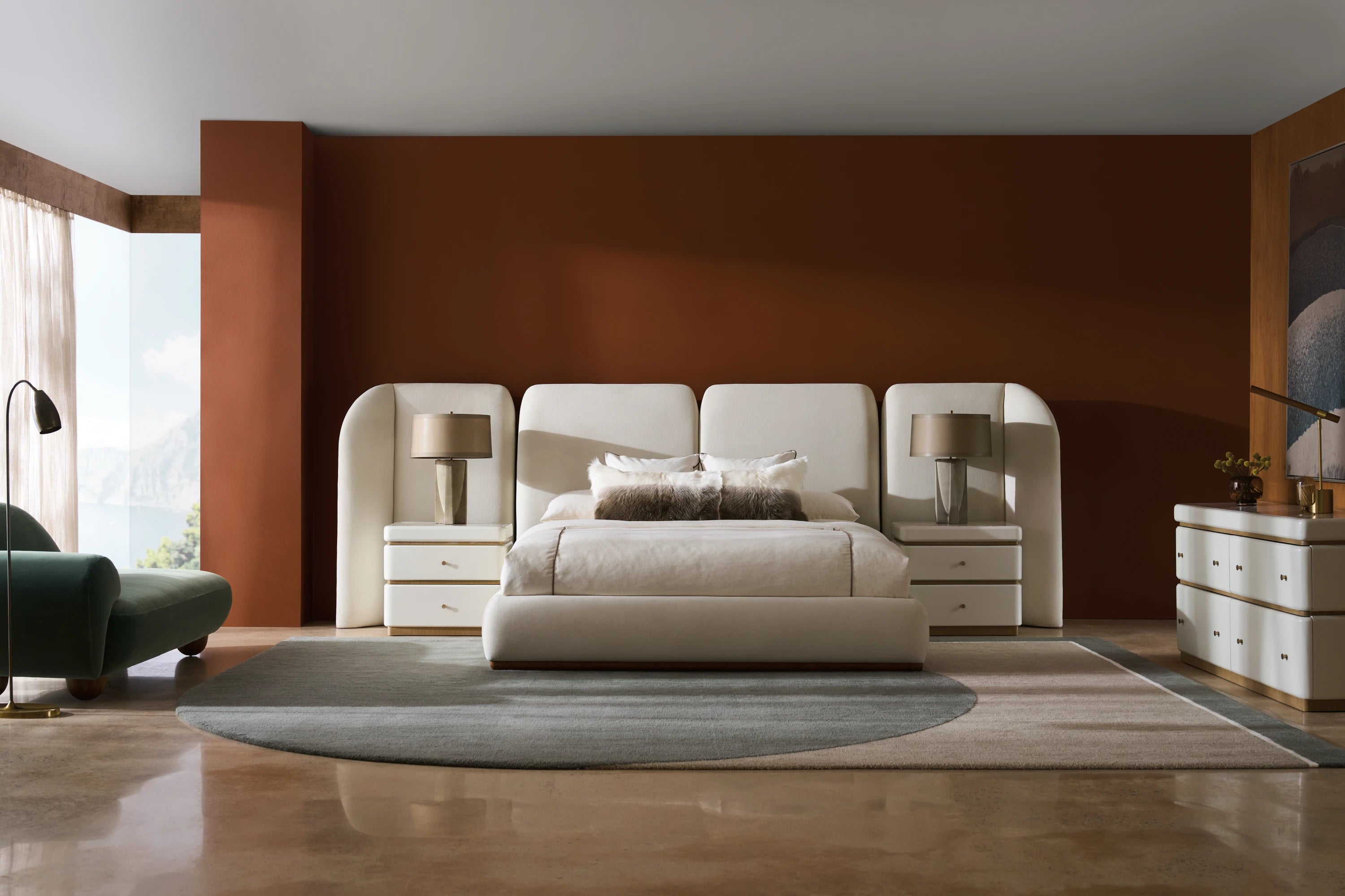Malta Upholstered King Bed in room - angle 1