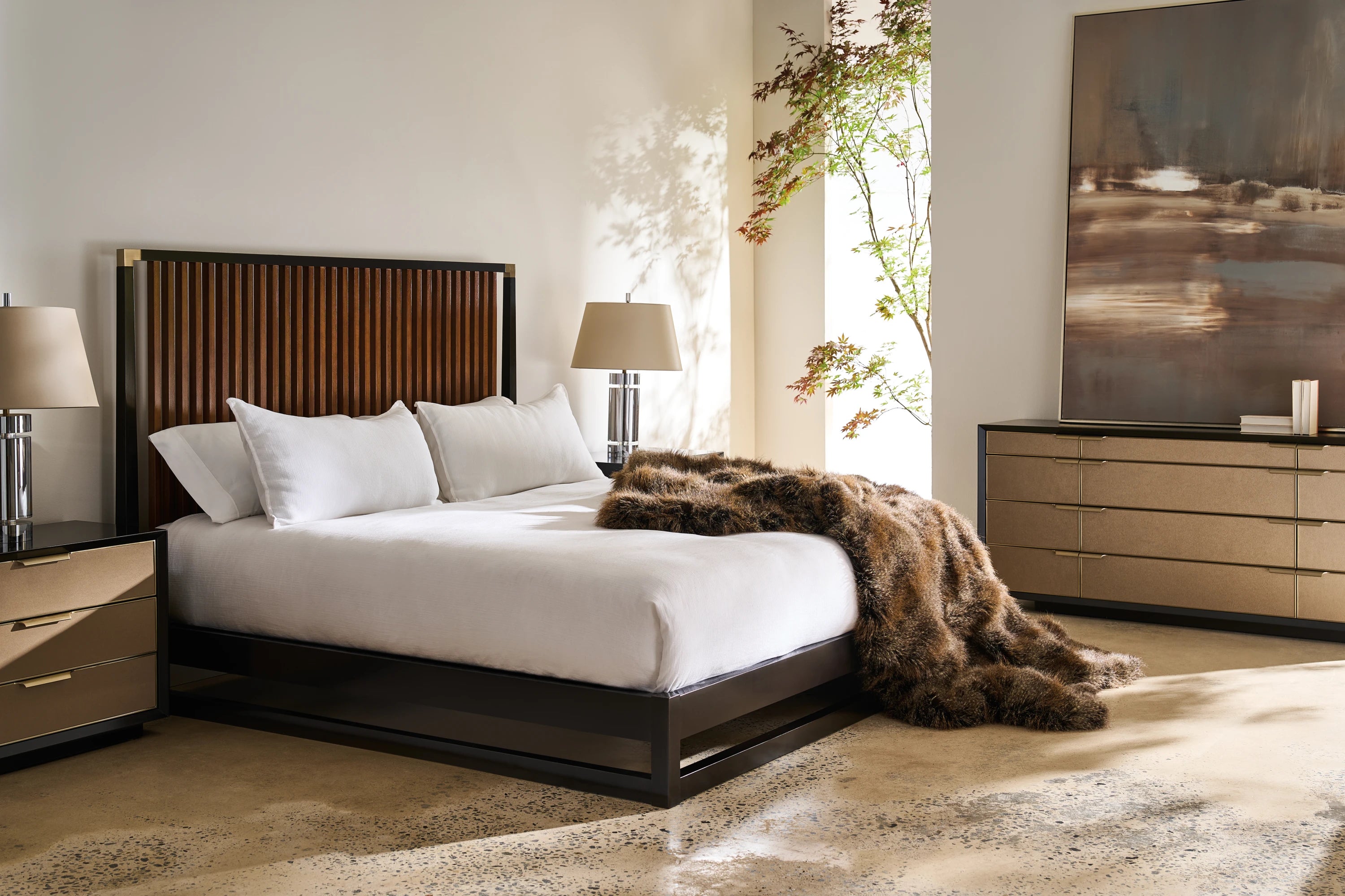 Pinstripe Slatted Bed Dark - Kg in room - angle 1